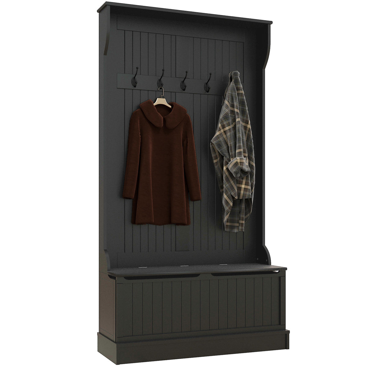 3-In-1 Entryway Bench with Coat Rack, Hall Tree with Bench and Shoe Storage, 5 Hooks for Hallway Black