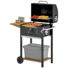 Charcoal BBQ Grill, Outdoor Portable Cooker for Camping or Backyard Picnic, Barbecue Grill with Side Table, Bottom Storage Shelf, Wheels and Handle, Black
