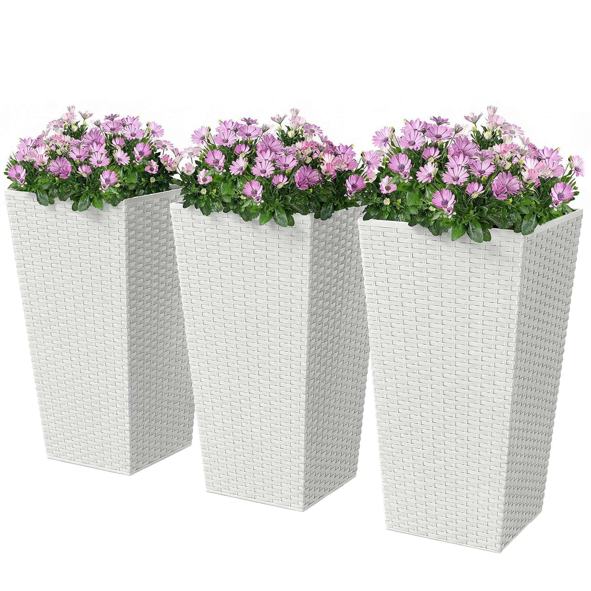 Tall Planters for Outdoor Plants Set of 3, 24 In Taper Planters with Drainage Holes, Rattan Decor Plant Pots, White