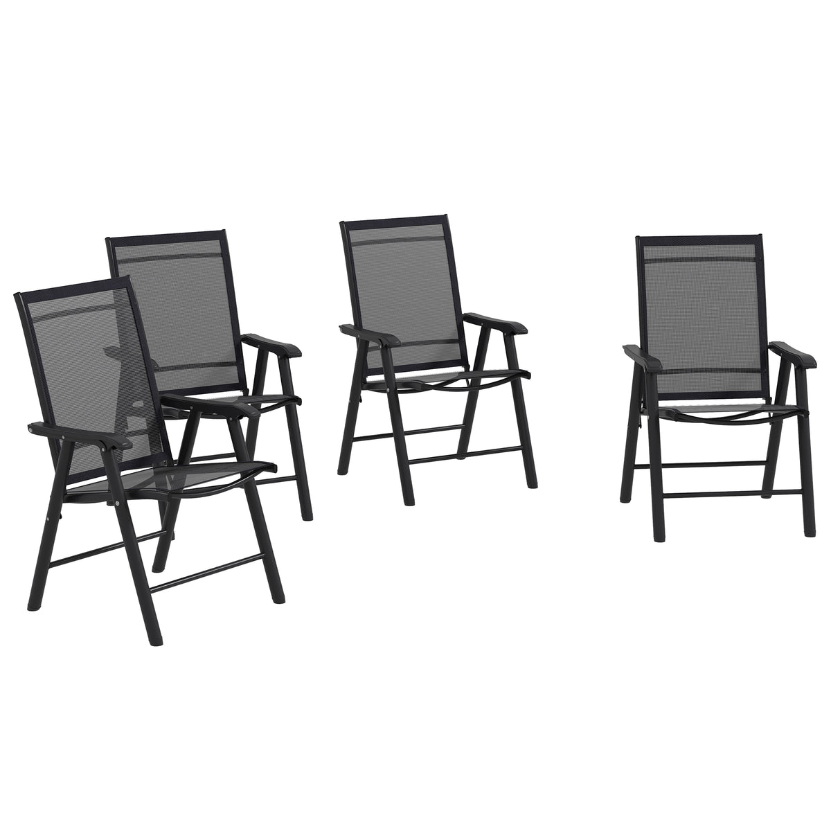 Set of 4 Outdoor Folding Chairs, Stackable Patio Dining Chairs with Armrests, Metal Frame, Black