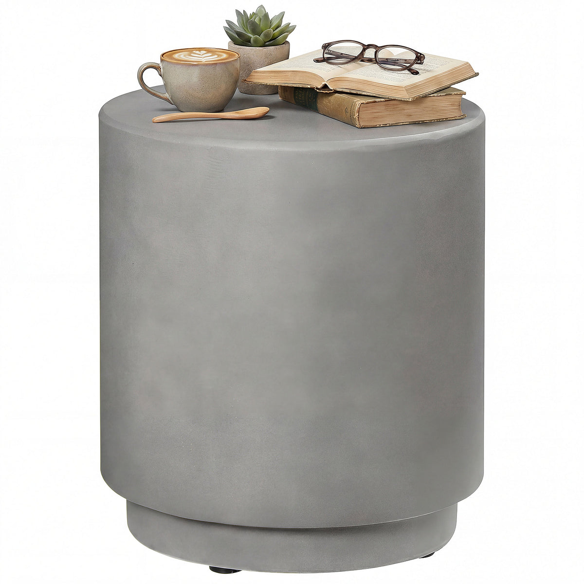 Lightweight Accent Table with Concrete Finish Round Side Table, Light Gray