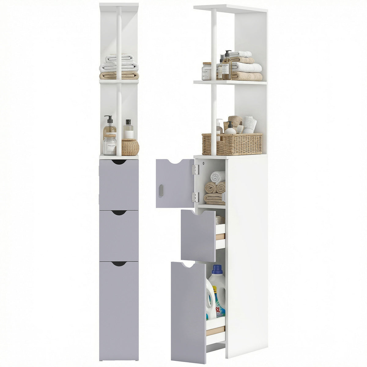 54" Tall Bathroom Storage Cabinet,  Linen Tower with Shelf and Drawers, Narrow Side Floor Organizer, Grey and White