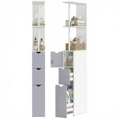 54" Tall Bathroom Storage Cabinet,  Linen Tower with Shelf and Drawers, Narrow Side Floor Organizer, Grey and White