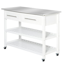Kitchen Island with Stainless Steel Top, Traditional Kitchen Island with Storage, Butcher Block Cart 2-Tier Open Shelves, Drawers, White