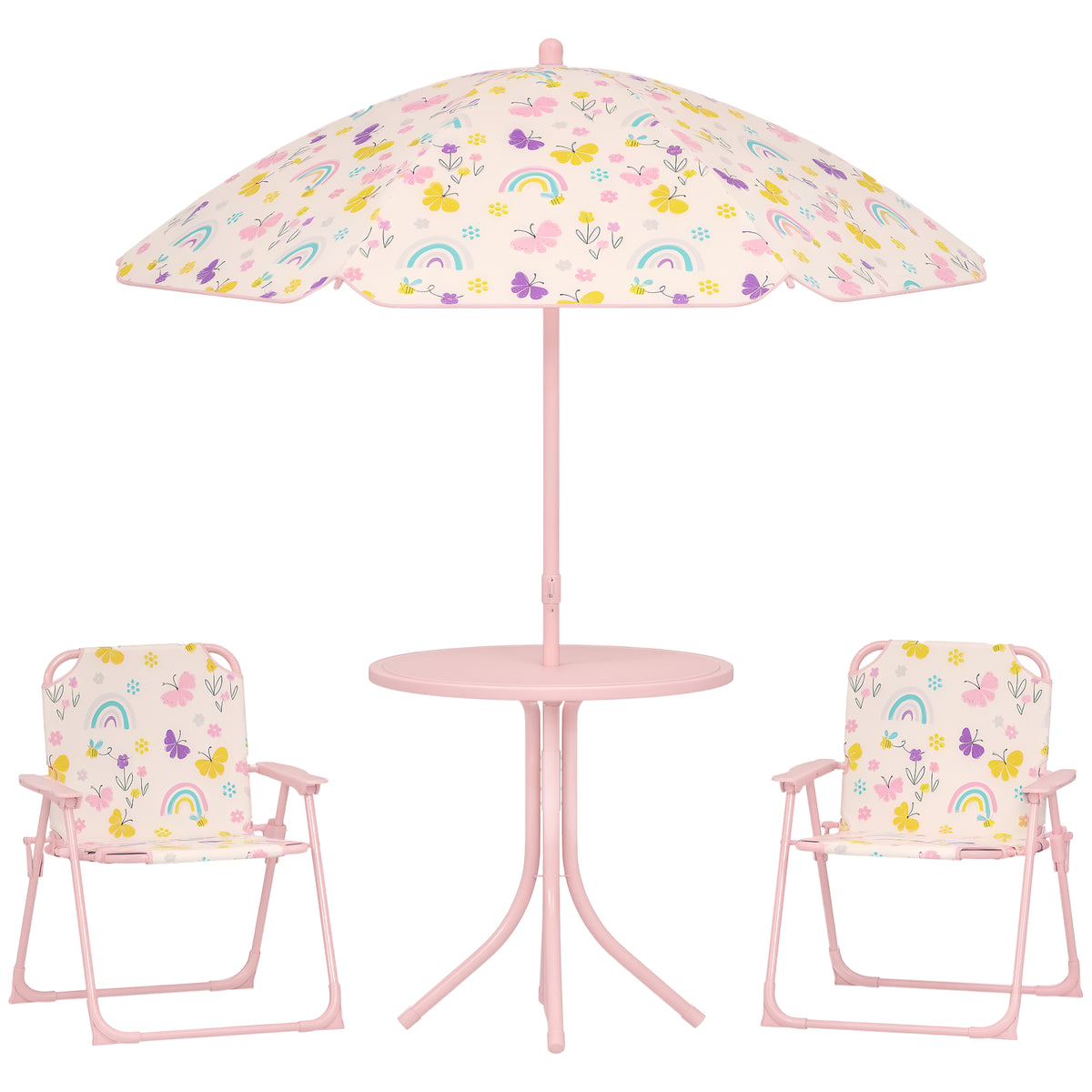 Kids Picnic Table and Chair Set, Outdoor Activity Table with Foldable Chairs, Removable Umbrella for Backyard, Pink