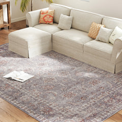 Machine Washable Area Rug 8x10, Non-Slip Traditional Flower Print Floor Carpet for Living Room, Bedroom, Grey and Brown