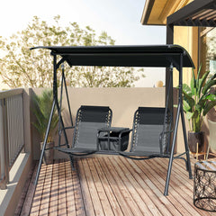 2 Person Porch Swing with Canopy, Storage Table, Cup Holder, Black