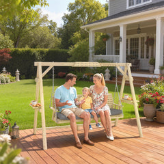 3 Seat Wooden Porch Swing with Stand, Patio Swing with Cushion, for Garden, Poolside, Backyard, Natural Wood