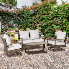 4 Piece Wicker Patio Furniture Set with 2 Rocking Chairs, Loveseat Sofa, Outdoor PE Rattan Conversation Set with Cushions, Aluminum Table for Porch, Poolside, Light Gray