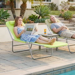 Folding Chaise Lounge Pool Chairs, Outdoor Sun Tanning Chairs with Pillow, Reclining Back, Steel Frame & Breathable Mesh for Beach, Yard, Patio,  Green