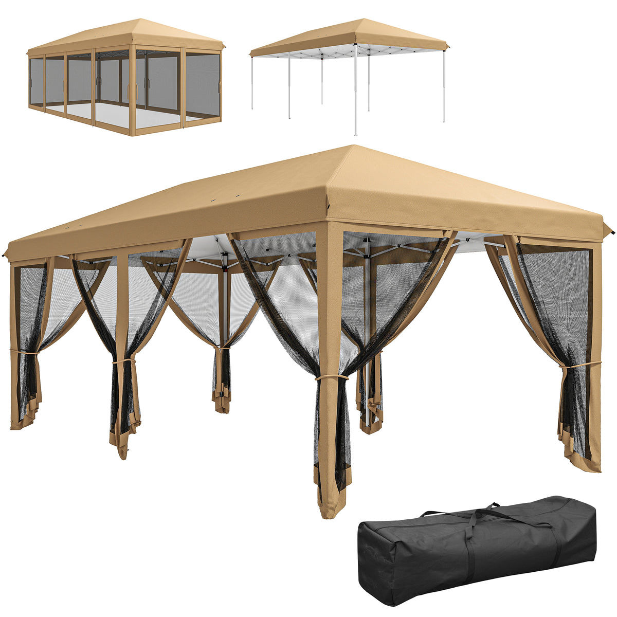 10' x 20' Pop Up Canopy Tent with Netting, Heavy Duty Instant Sun Shelter, Large Tents for Parties with Carry Bag for Outdoor, Garden, Patio, Beige