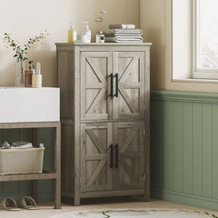Bathroom Floor Storage Cabinet, Farmhouse Bathroom Cabinet with 4 Doors and Adjustable Shelf, Light Gray