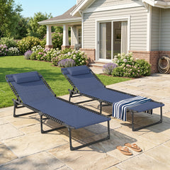 2 Folding Chaise Lounge Pool Chairs with 4-Position Reclining Back, Pillow, Breathable Mesh & Bungee Seat, Dark Blue