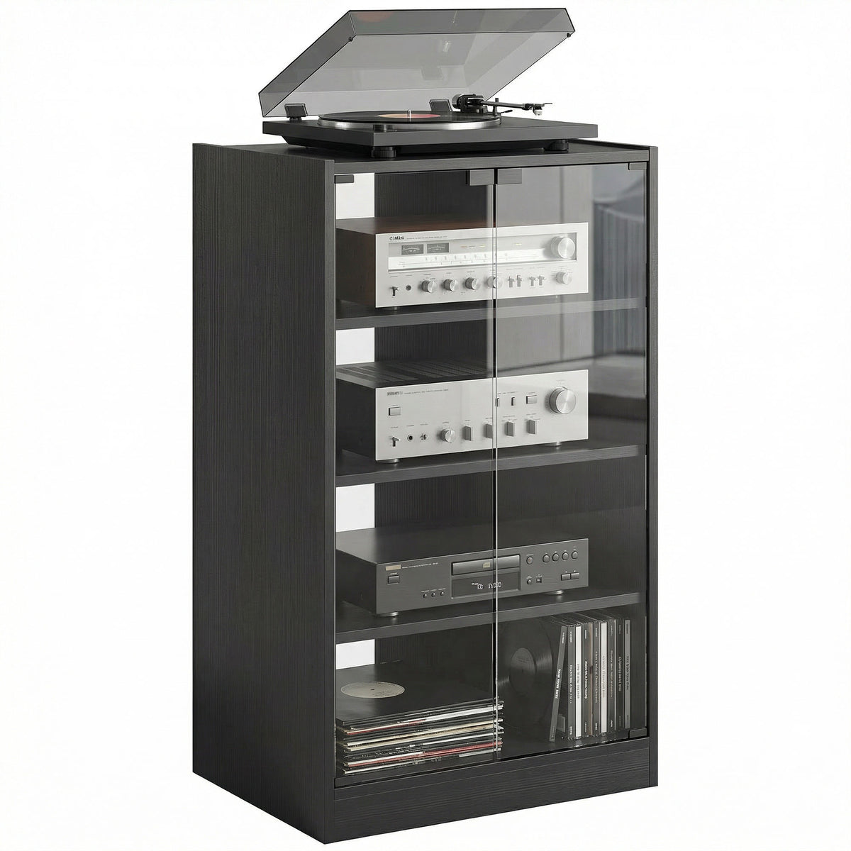 Media Cabinet, 4-Tier Stereo Cabinet for Vinyl Record Player, Gaming Console, AV Record Player Stand with Adjustable Shelves, Push-to-Open Glass Doors and Cable Management, Distressed Black