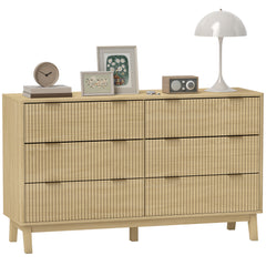 6 Drawer Double Dresser for Bedroom, Fluted Chest of Drawers with Gold Finger Pulls and 5 Wood Legs, Natural Wood