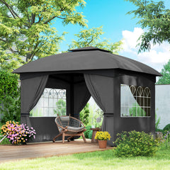 11' x 11' Outdoor Gazebo, Double Roof Patio Gazebo with Curtains, Church Windows, Galvanized Steel Frame, Dark Gray