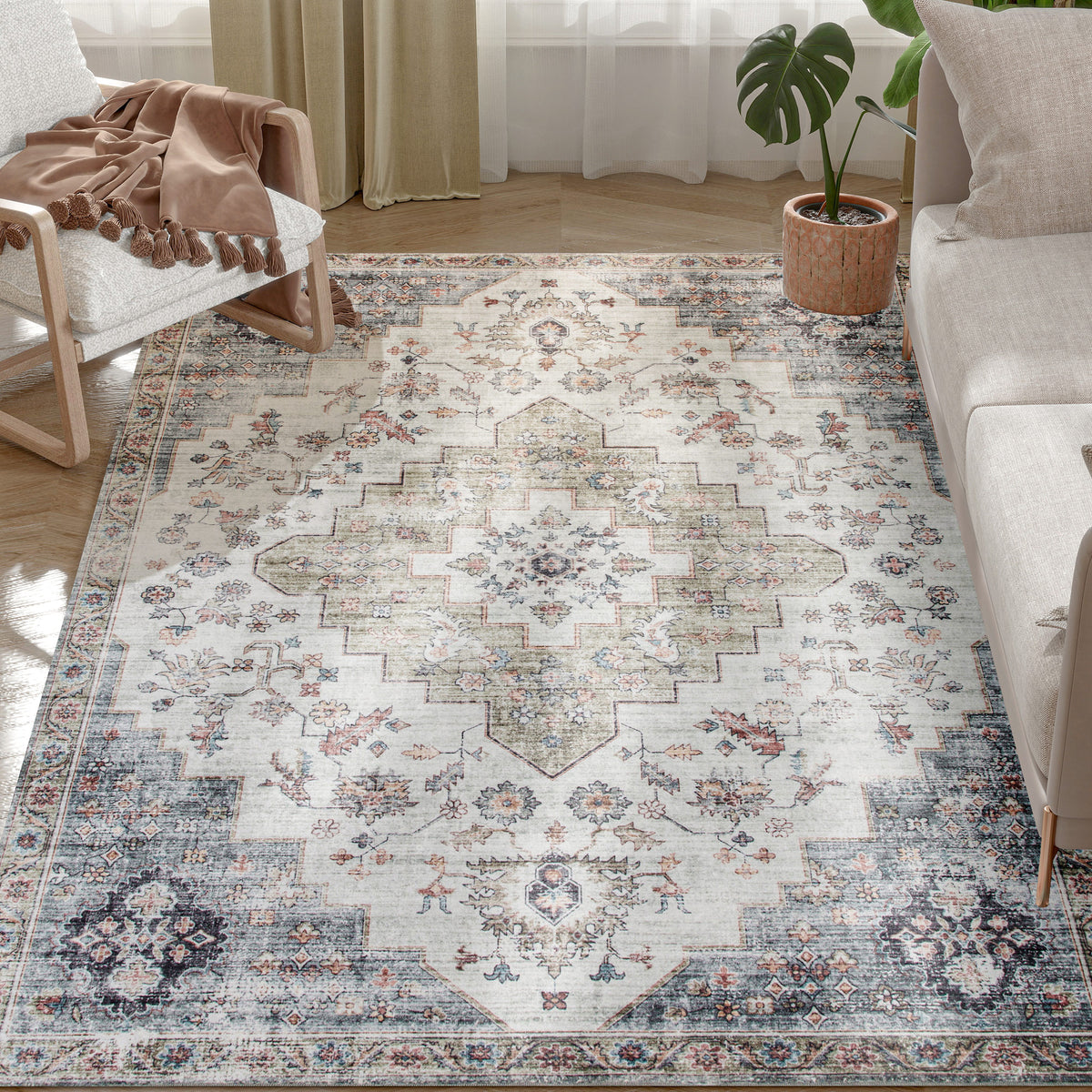 4x6 Area Rug, Vintage Machine Washable Rug, Non-Slip Carpet for Living Room, Bedroom, Dining Room, Brown and Green
