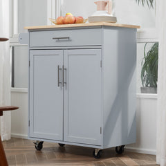 Kitchen Island Cart, Rolling Island Table with Solid Wood Top, Trolley Cart with Drawer, Storage Cabinet & Towel Rack, Gray