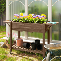 Wood Raised Planter Box, Elevated Garden Bed with Lockable Wheels, Side Tables, Bottom Shelf, Drain Holes, Carbonized