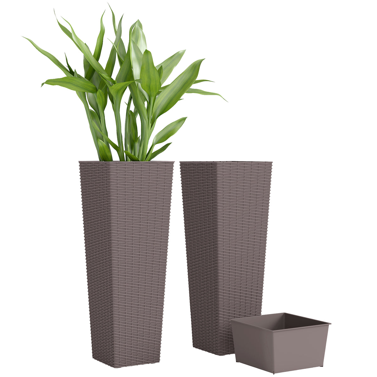 32 Inch Tall Planters for Outdoor Plants, Set of 2 Plastic Flower Pots with Drainage Holes, Brown
