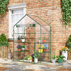5' x 2.5' x 6.5' Mini Walk-in Greenhouse Kit, Portable Green House with 3 Tier Shelves, Roll-Up Door, and Weatherized Plastic Cover for Backyard Garden, Clear