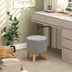 Round Ottoman Stool with Storage, Linen Upholstered Foot Stool with Padded Seat, Hidden Space and Wood Legs, Light Gray