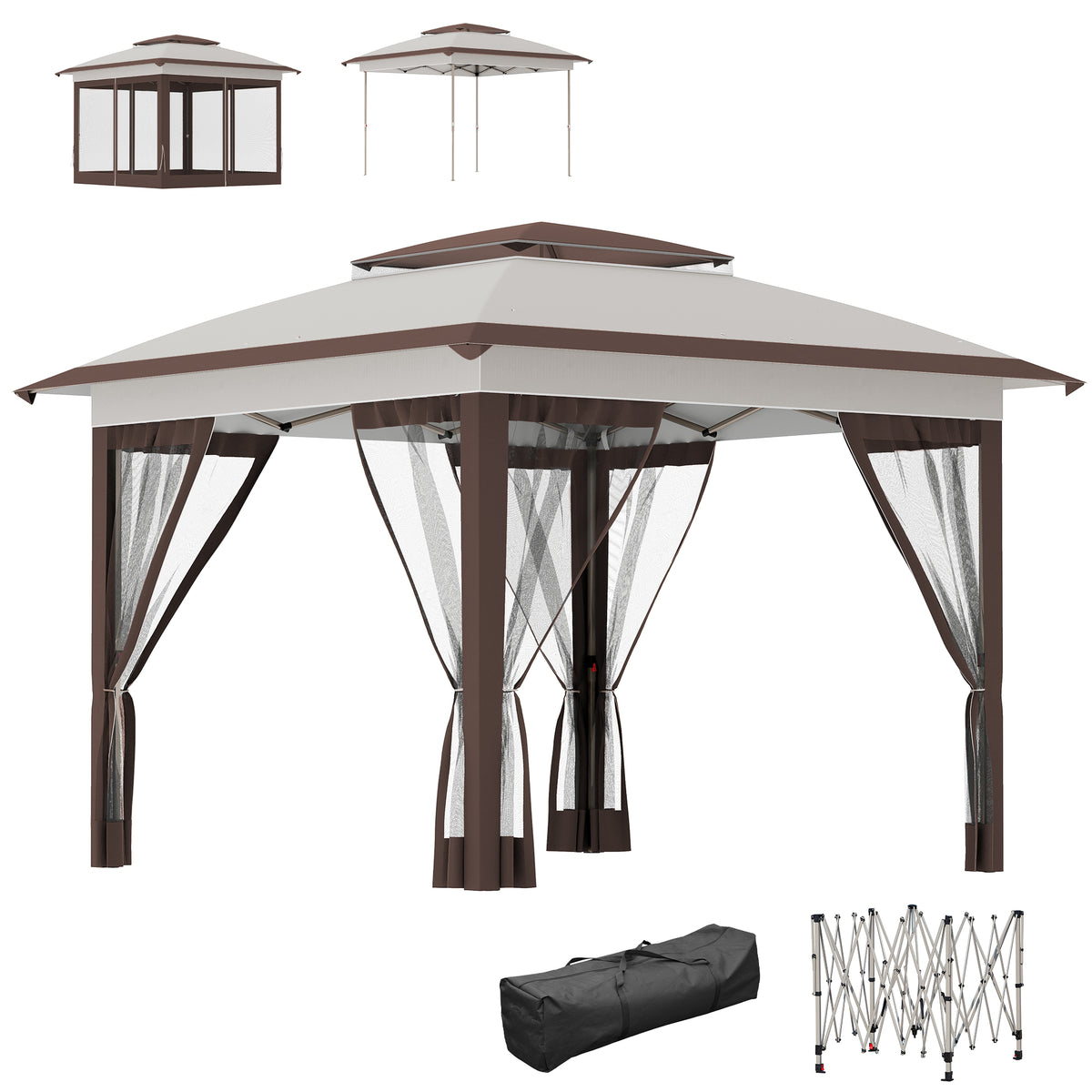12' x 12' Pop Up Canopy Tent with Netting and Carry Bag, Instant Sun Shelter with 137 sq.ft Shade, Beige and Brown
