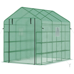 8' x 6' x 7' Walk-in Greenhouse, PE Cover, 4-Tier Shelves, Steel Frame Hot House, Roll-Up Zipper Door for Flowers, Vegetables, Saplings, Tropical Plants, Green