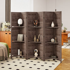 6 Panel 67" Tall Wood Privacy Screen Room Divider with 3 Shelves and Folding Storage for Bedroom, Walnut