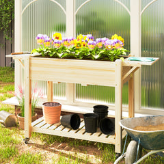 Wood Raised Planter Box, Elevated Garden Bed with Lockable Wheels, Side Tables, Bottom Shelf, Drain Holes, Natural