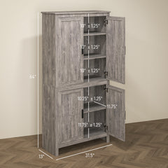64" 4-Door Kitchen Pantry, Freestanding Storage Cabinet with 3 Adjustable Shelves for Kitchen, Gray Oak