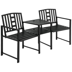Metal Garden Bench with Middle Table and Umbrella Hole, 2-in-1 Double Patio Chairs, Outdoor 2-person Tete-a-Tete, Slatted, Black