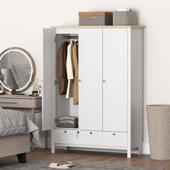 3 Doors Wardrobe Closet with 2 Drawers, Bedroom Armoire with Lockable Drawer, Hanging Rod and Storage Shelves, White