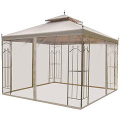 10' x 10' Patio Gazebo with Corner Frame Shelves, Double Roof Outdoor Gazebo Canopy Shelter with Netting for Patio, Wedding, Catering & Events, Brown