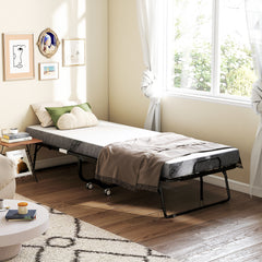 Folding Bed with Mattress for Adults, Single Size, Portable Foldable Bed with Memory Foam Mattress & Steel Frame, White