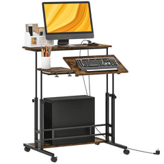 Adjustable Standing Desk with Power Outlets, Stand Up Desk with Tiltable Tabletop, Wheels, Shelf, for Home Office, Brown