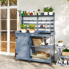 Wooden Potting Bench with Storage, Sink, Water Tap for Backyard, Patio, Balcony, Gray