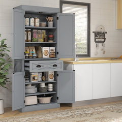 72" Kitchen Cabinet, Pantry Storage Cabinet with 4 Doors and 2 Adjustable Shelves, Large Central Drawer, Gray