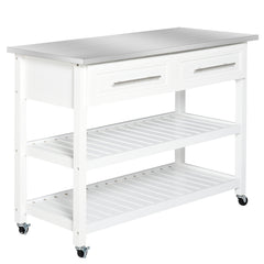 Kitchen Island with Stainless Steel Top, Traditional Kitchen Island with Storage, Butcher Block Cart 2-Tier Open Shelves, Drawers, White