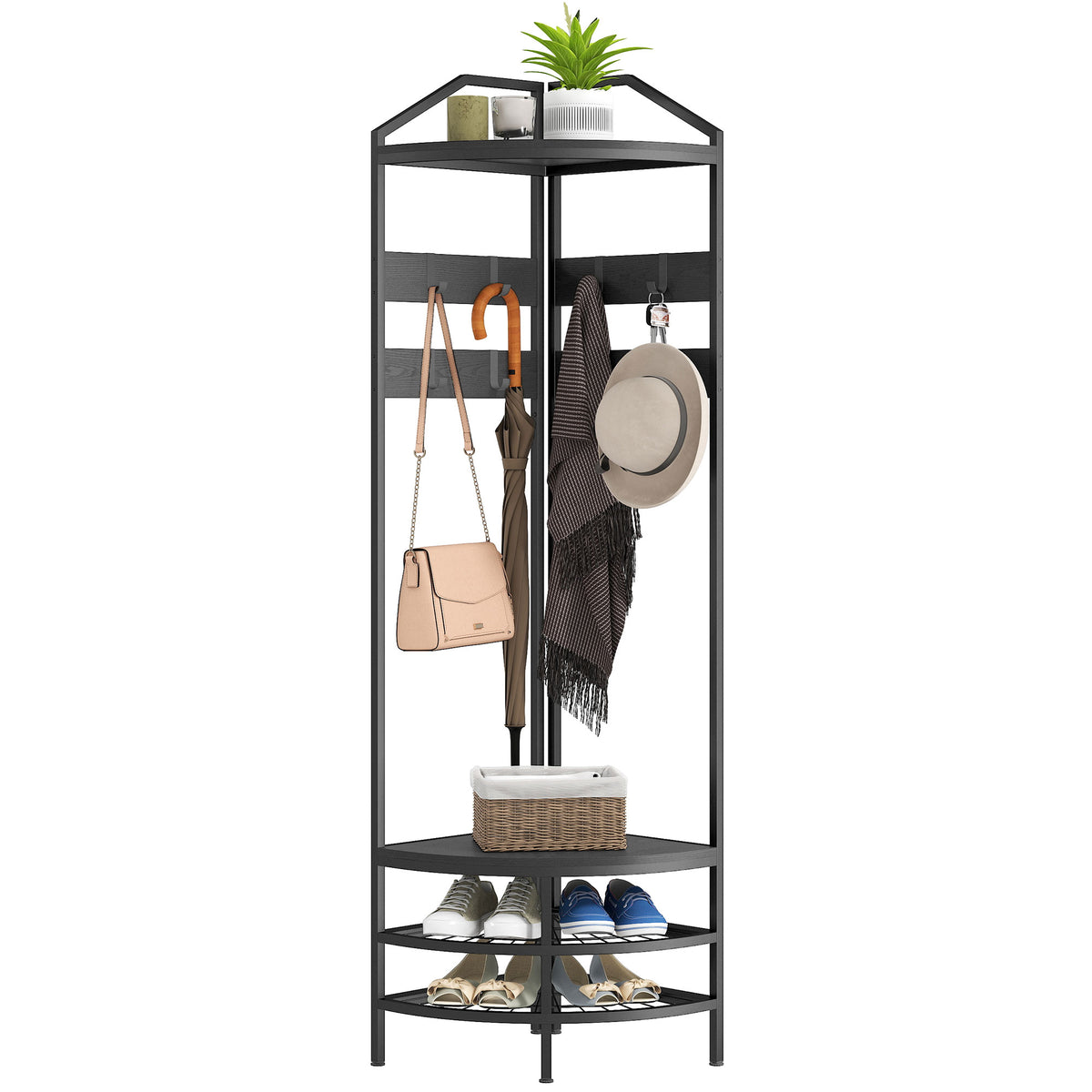 Corner Hall Tree, Industrial 4-Tier Coat Rack with Shoe Storage, 8 Movable Hooks and 2 Shelves for Hallway, Black