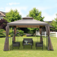 10' x 10' Patio Gazebo with Corner Frame Shelves, Double Roof Outdoor Gazebo Canopy Shelter with Netting for Patio, Wedding, Catering & Events, Brown