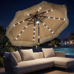 9 ft Hula Thatched Tiki Patio Umbrella with LED Solar Light, Outdoor Umbrella with Crank, Tilt, UPF30+, Khaki