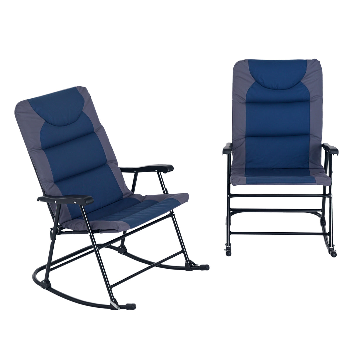 Oversized Folding Rocking Camping Chair Set of 2, Padded Outdoor Rockers with High Back and Armrests, Portable Outdoor Patio Chairs with Steel Frame for Garden, Porch, Lawn, Navy Blue