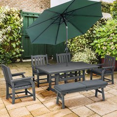 6 Pieces Patio Dining Set, 6 Seater Outdoor Table and Chairs, Conversation Furniture, Armrests, Loveseat Bench, Dinner Table with Umbrella Hole, Cushions, Dark Gray