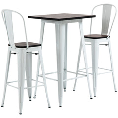 3 Piece Industrial Dining Table Set, Bar Height Bar Table and Chairs Set with Footrests for Bistro, Pub, White and Brown