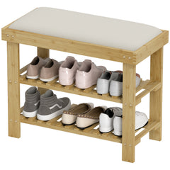 Bamboo Shoe Storage Bench, 3-Tier Entryway Bench with Cushion, Shoe Organizer for Entryway, Hallway, Natural
