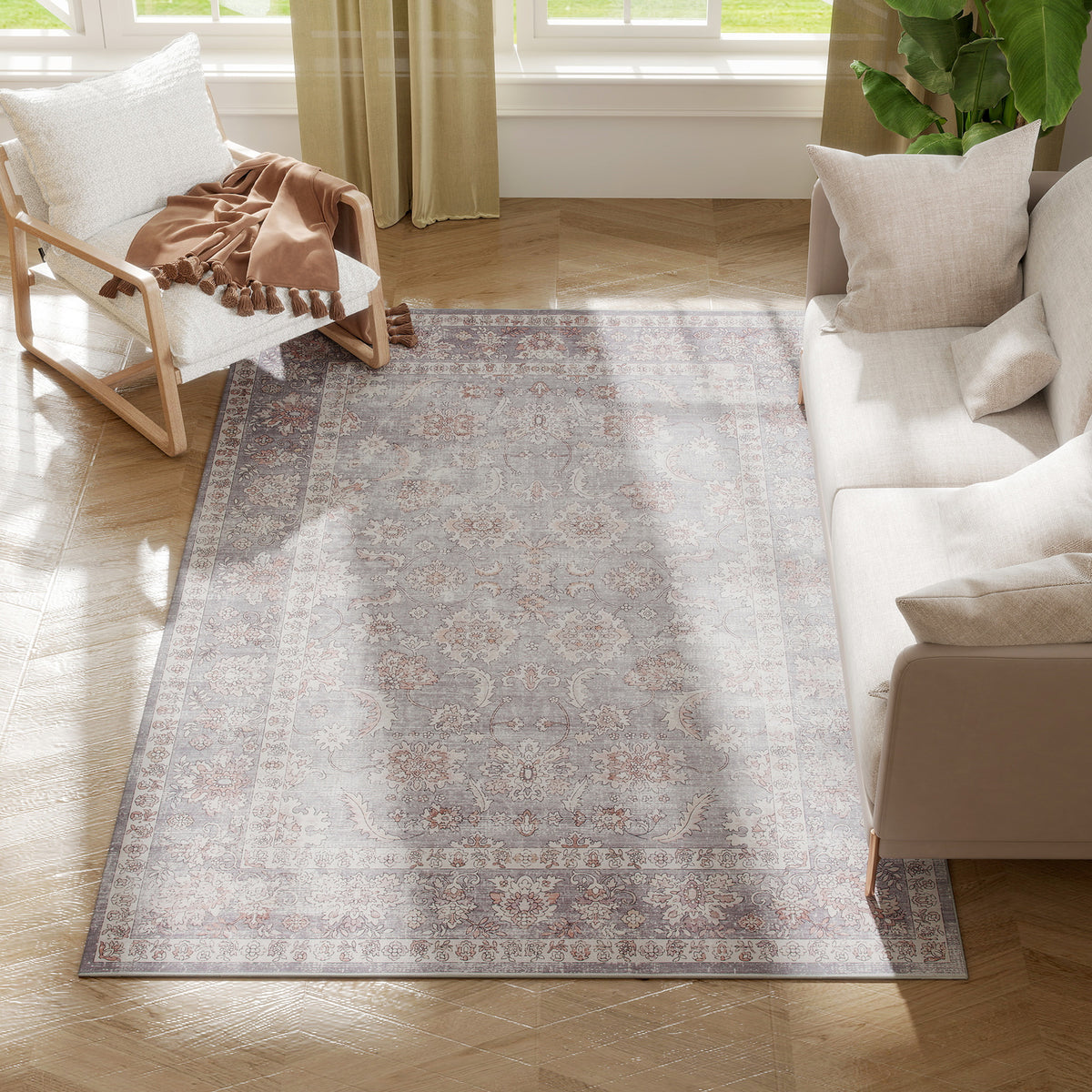 Machine Washable Area Rug 4x6, Non-Slip Traditional Flower Print Floor Carpet for Living Room, Bedroom, Grey and Brown