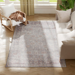 Machine Washable Area Rug 4x6, Non-Slip Traditional Flower Print Floor Carpet for Living Room, Bedroom, Grey and Brown