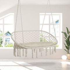 2-Person Hammock Chair Macrame Swing with Soft Cushion, Hanging Cotton Rope Chair for Indoor Outdoor Home Patio Backyard, White