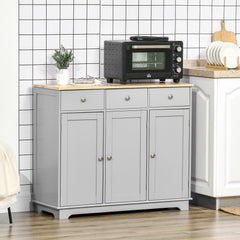 Kitchen Storage Cabinet, Sideboard Floor Cupboard with Solid Wood Top, Adjustable Shelf, and 3 Drawers, Gray